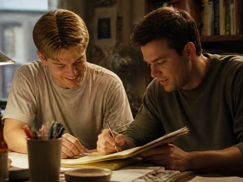 Matt Damon Good Will Hunting en pleine séance d'écriture avec un ami à un bureau éclairé
