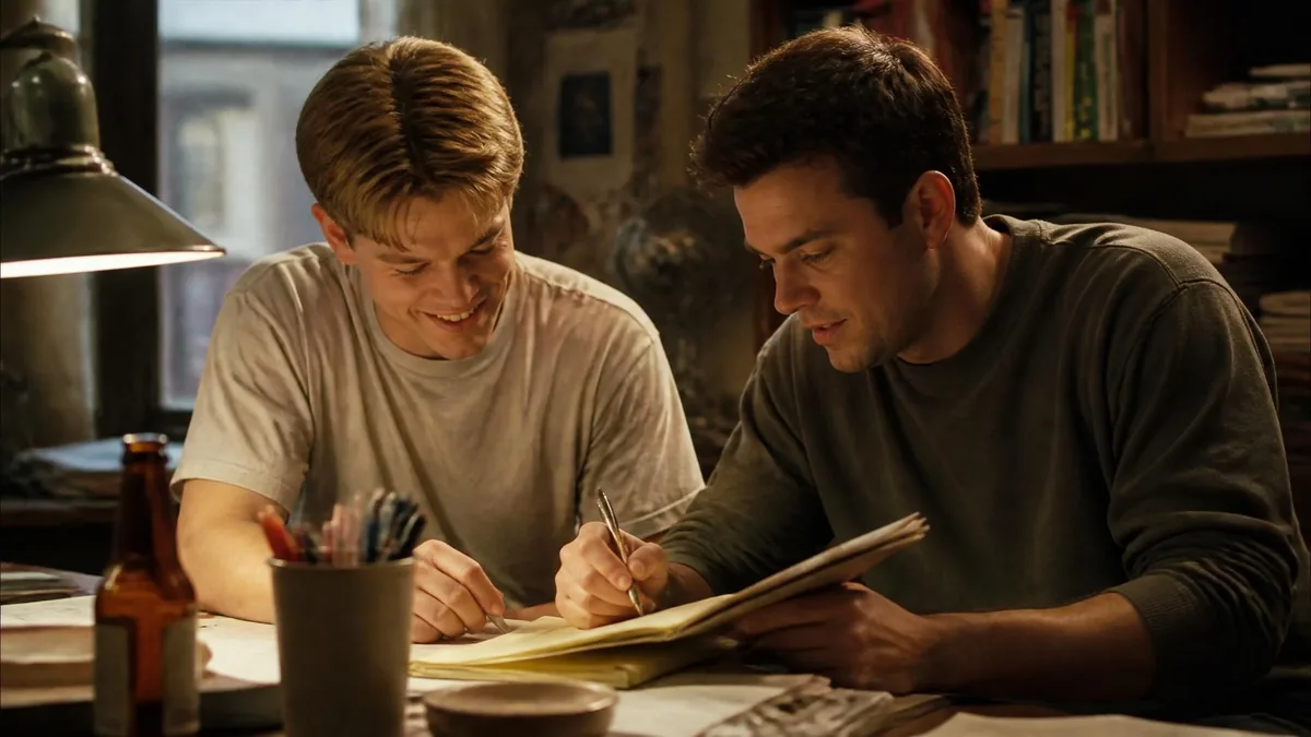 Matt Damon Good Will Hunting en pleine séance d'écriture avec un ami à un bureau éclairé