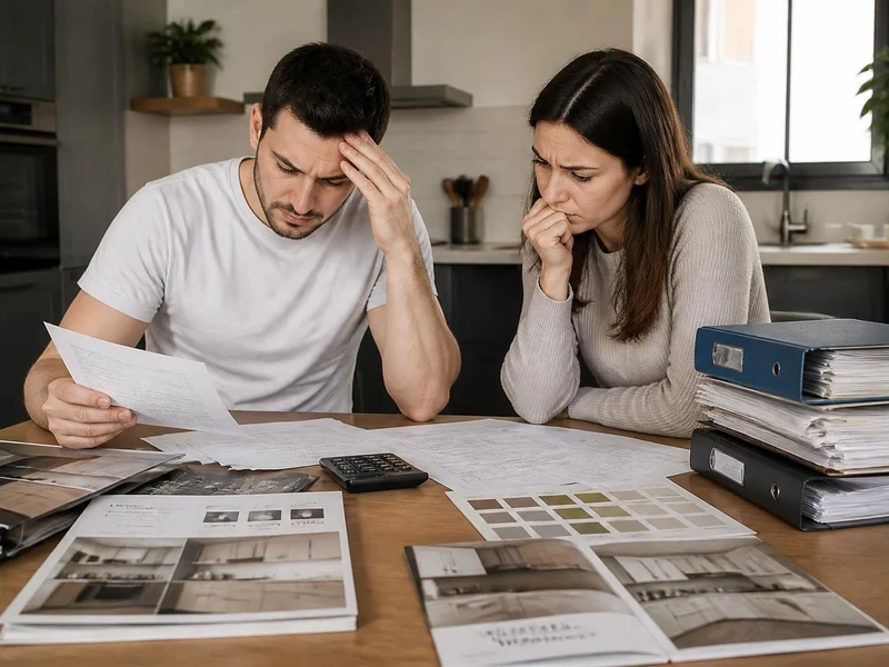 Un couple inquiet examinant des documents de rénovation pour identifier les cuisinistes à éviter