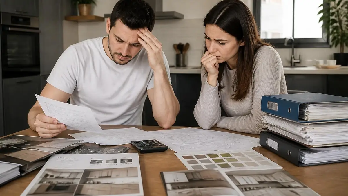 Un couple inquiet examinant des documents de rénovation pour identifier les cuisinistes à éviter