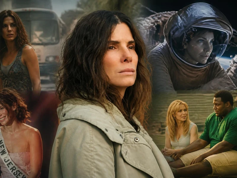 Collage illustrant plusieurs rôles emblématiques dans des films with Sandra Bullock
