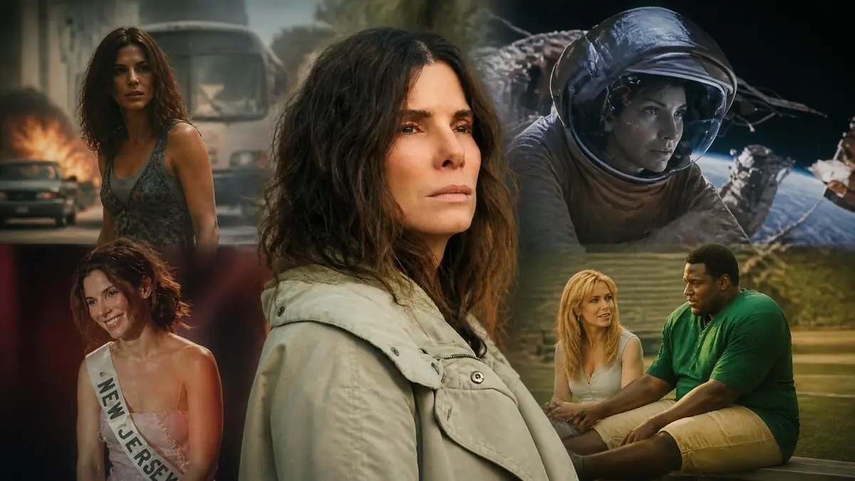 Collage illustrant plusieurs rôles emblématiques dans des films with Sandra Bullock