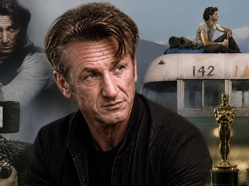 Portrait de l'acteur devant des extraits de films Sean Penn et des statuettes récompensant sa carrière