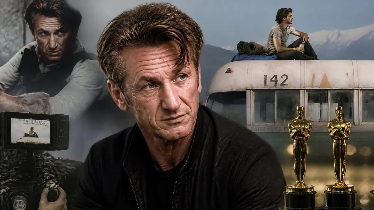 Portrait de l'acteur devant des extraits de films Sean Penn et des statuettes récompensant sa carrière