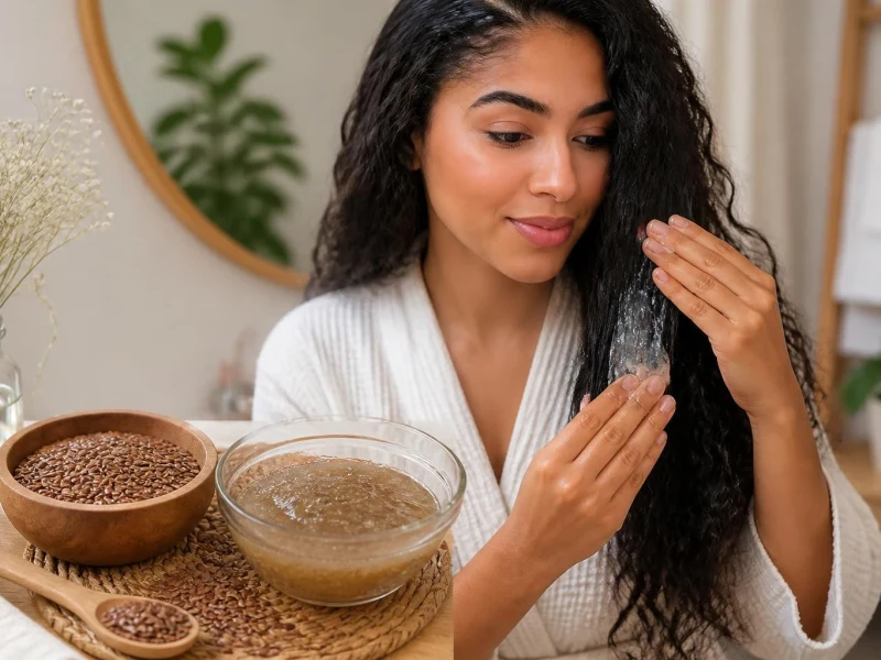 Une femme applique un soin naturel à base de graines de lin cheveux pour hydrater ses boucles