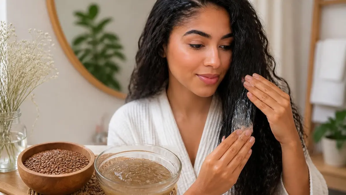 Une femme applique un soin naturel à base de graines de lin cheveux pour hydrater ses boucles