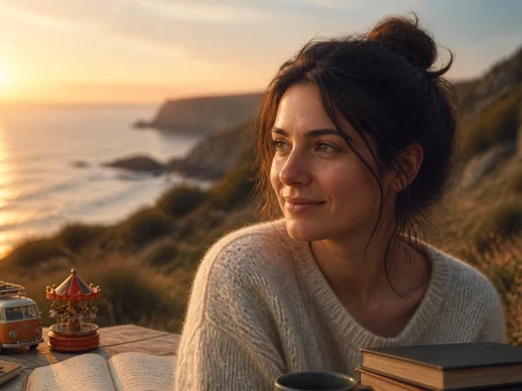 Une femme rêveuse contemple le coucher de soleil près de la mer, évoquant l'univers des livres de Mélissa Da Costa