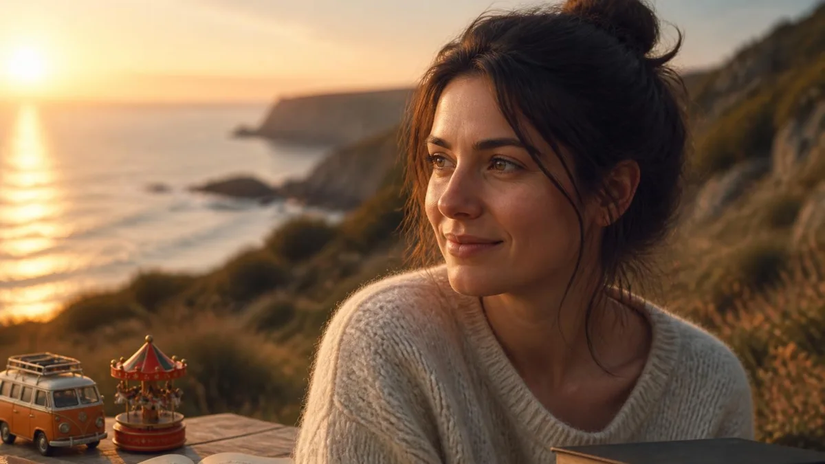 Une femme rêveuse contemple le coucher de soleil près de la mer, évoquant l'univers des livres de Mélissa Da Costa