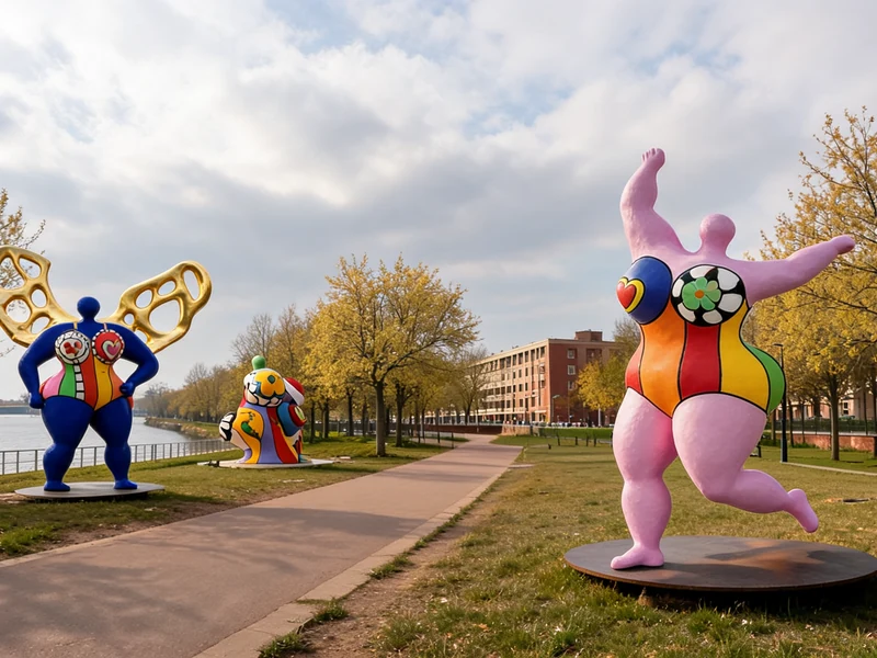 Des sculptures colorées Niki de Saint Phalle Les Nanas exposées en plein air le long d'une promenade arborée au bord de l'eau
