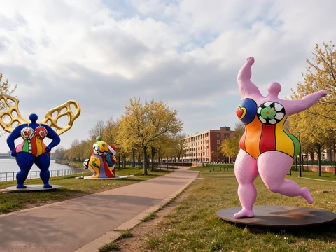 Des sculptures colorées Niki de Saint Phalle Les Nanas exposées en plein air le long d'une promenade arborée au bord de l'eau