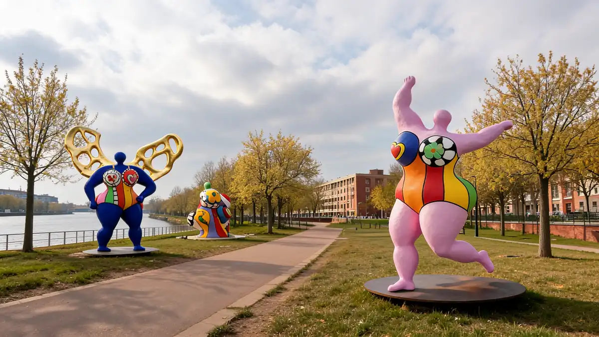 Des sculptures colorées Niki de Saint Phalle Les Nanas exposées en plein air le long d'une promenade arborée au bord de l'eau