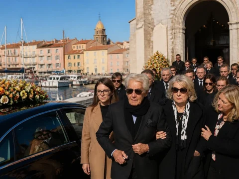 Des proches en deuil assistent aux obsèques de Brigitte Bardot devant l'église de Saint-Tropez