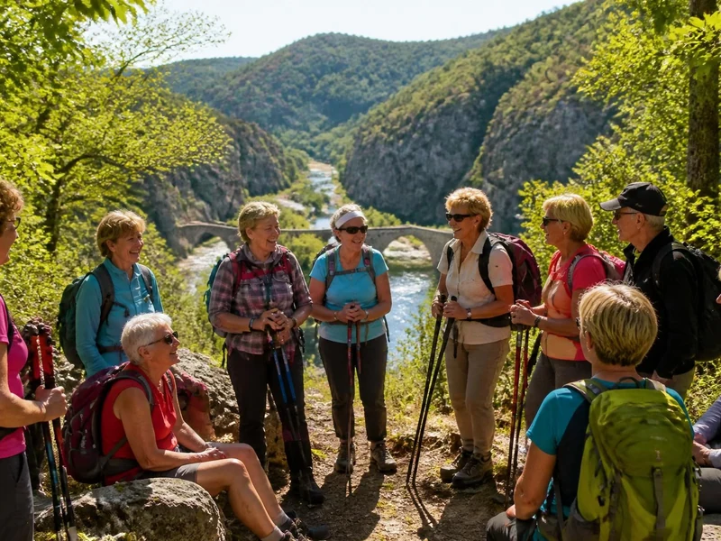 Un groupe de randonneurs Vivarois en pause sur un sentier surplombant une rivière et un pont en pierre