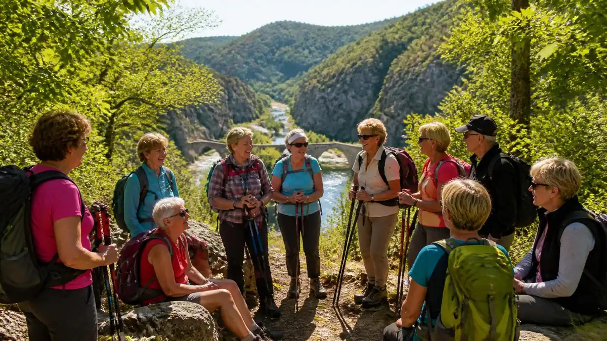Un groupe de randonneurs Vivarois en pause sur un sentier surplombant une rivière et un pont en pierre