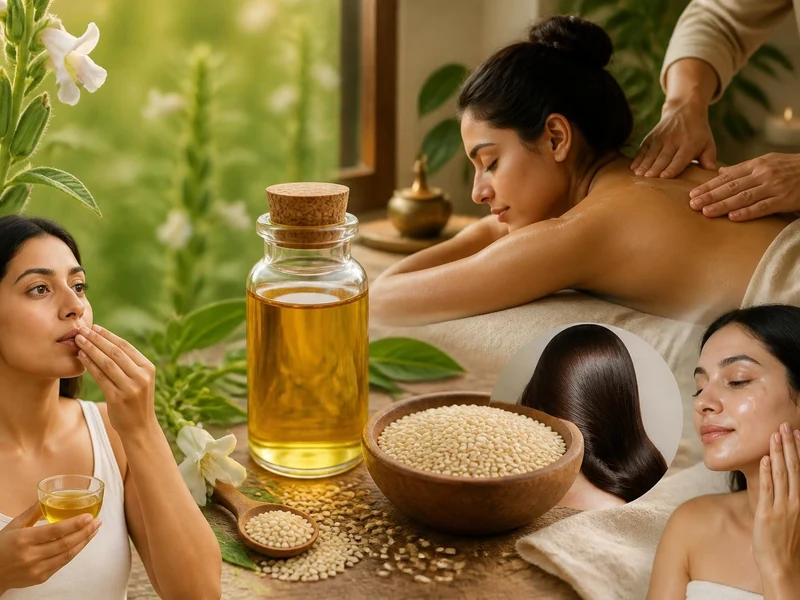 Femme utilisant de l'huile de sésame bienfait pour ses soins du corps, du visage et ses cheveux en institut de beauté