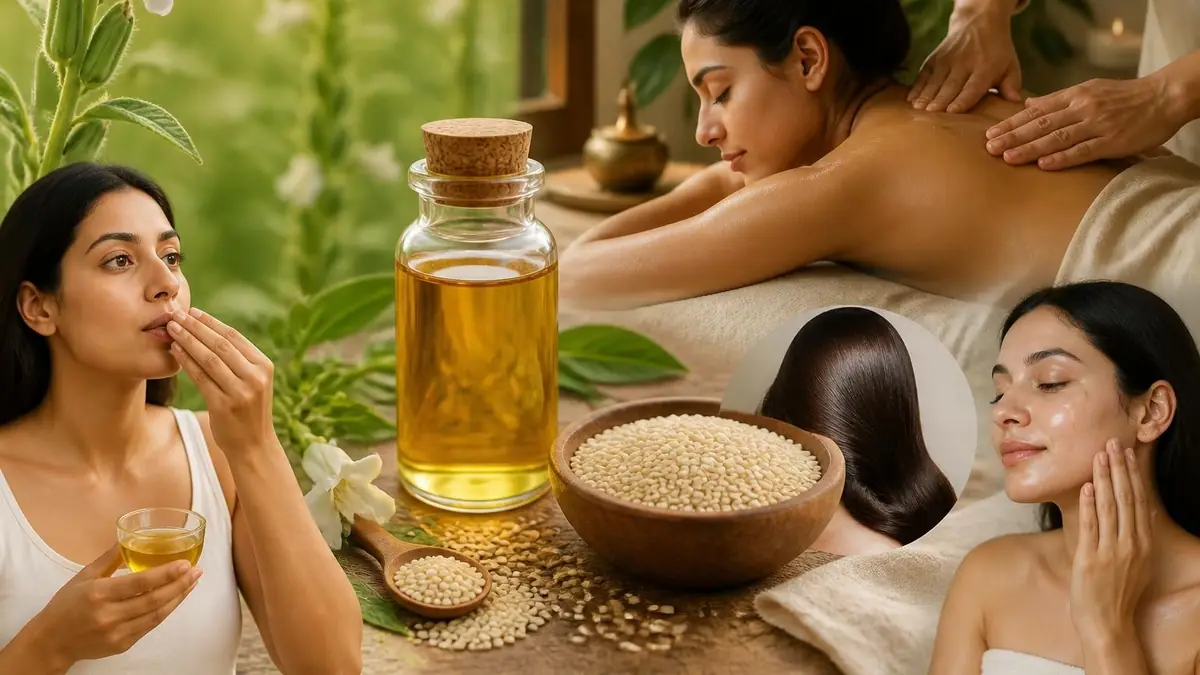 Femme utilisant de l'huile de sésame bienfait pour ses soins du corps, du visage et ses cheveux en institut de beauté