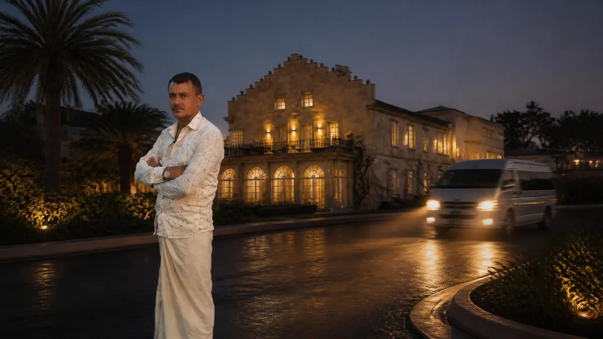 Un homme se tient devant la Mansion Figueres éclairée à la tombée de la nuit avec une camionnette arrivant sur le côté