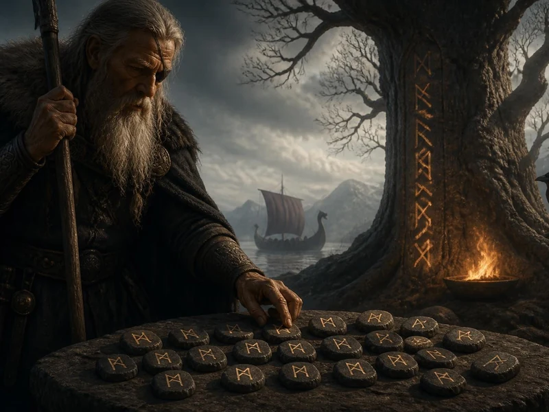 Un sage nordique examine des pierres gravées pour découvrir leur rune Viking signification près d'un arbre ancien