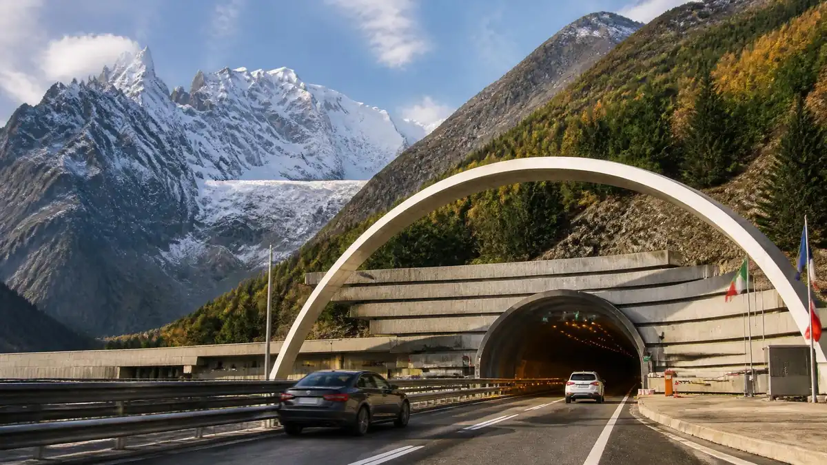 Des voitures entrent dans l'un des tunnels du Mont Blanc au pied des sommets enneigés
