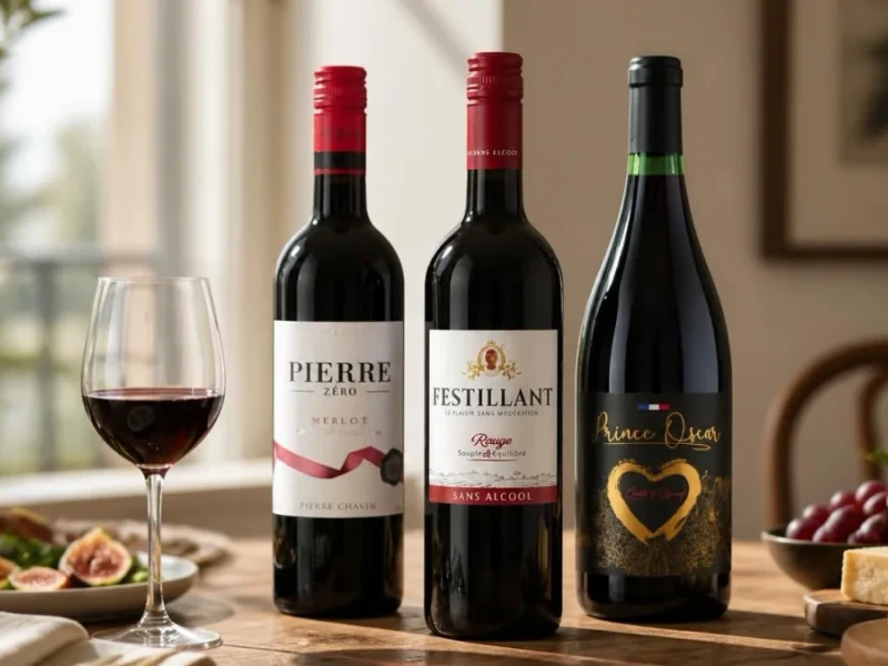 Trois bouteilles de vins rouge sans alcool disposées sur une table à côté d'un verre et d'un plateau de fromages