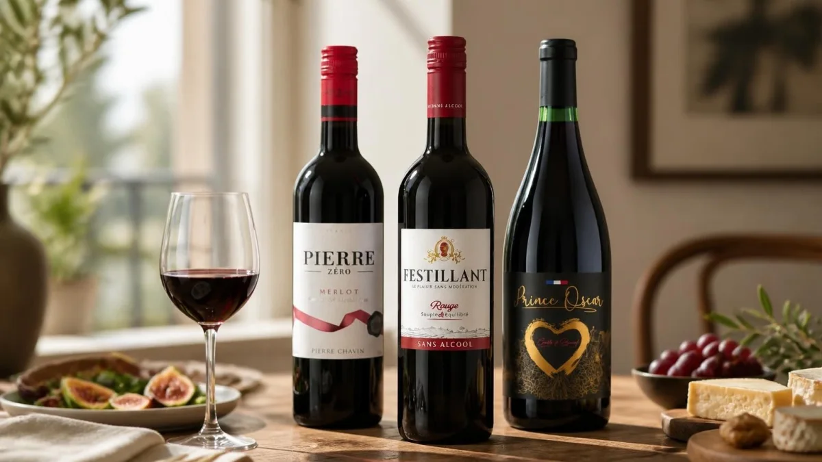 Trois bouteilles de vins rouge sans alcool disposées sur une table à côté d'un verre et d'un plateau de fromages