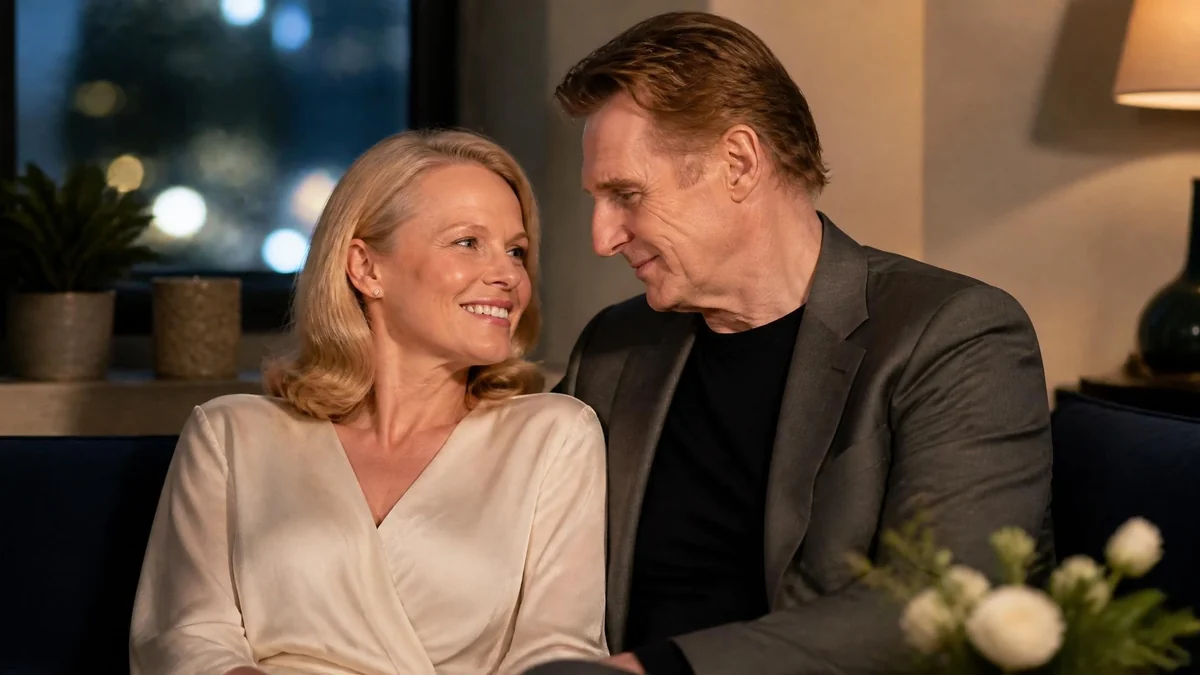 Liam Neeson Pamela Anderson se regardent tendrement assis sur un canapé dans une pièce chaleureuse