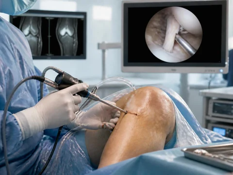 Chirurgien réalisant une opération de ligamentoplastie du genou sous arthroscopie