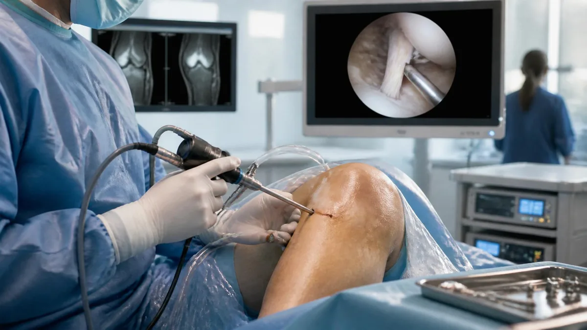 Chirurgien réalisant une opération de ligamentoplastie du genou sous arthroscopie