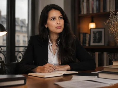 Lilia Hassaine est assise à son bureau et écrit dans un carnet devant une fenêtre avec vue sur la ville