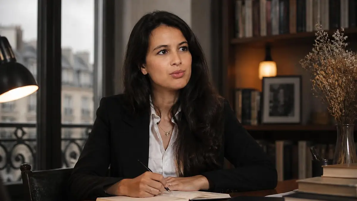 Lilia Hassaine est assise à son bureau et écrit dans un carnet devant une fenêtre avec vue sur la ville