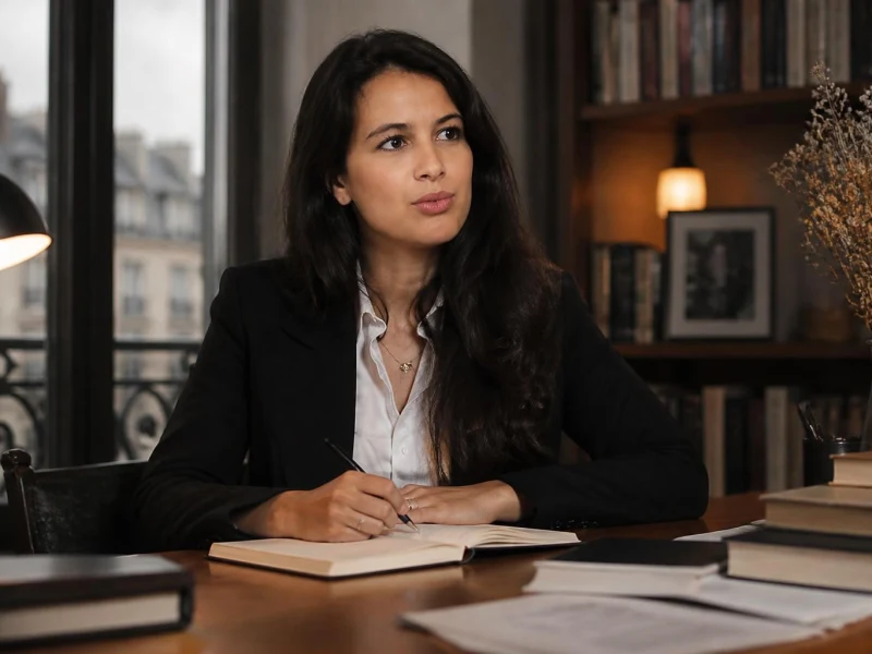 Lilia Hassaine est assise à son bureau et écrit dans un carnet devant une fenêtre avec vue sur la ville