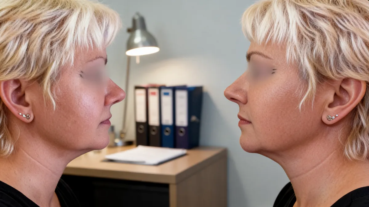 Comparaison avant et après une intervention de liposuccion double menton pour redessiner l'ovale du visage