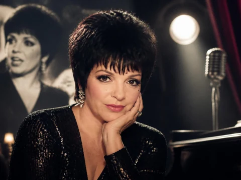 Portrait élégant de Liza Minnelli posant près d'un piano dans une ambiance de scène feutrée