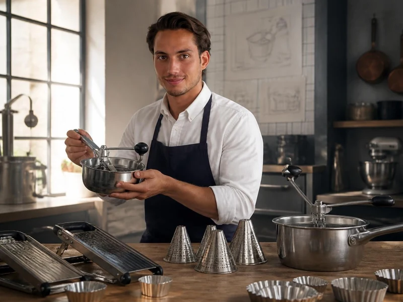 Un cuisinier utilise un ustensile de cuisine professionnel de la marque Louis Tellier dans une cuisine lumineuse
