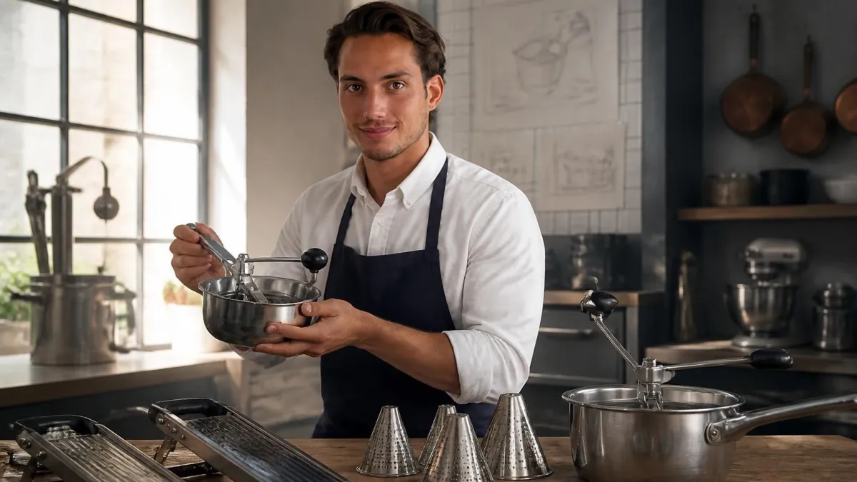 Un cuisinier utilise un ustensile de cuisine professionnel de la marque Louis Tellier dans une cuisine lumineuse
