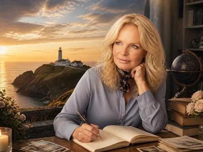 Portrait de Lucinda Riley écrivant dans un carnet face à un phare au coucher du soleil