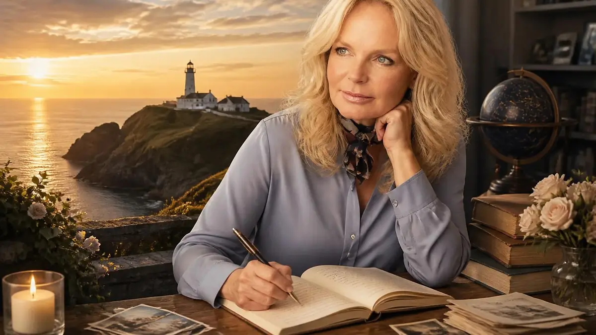 Portrait de Lucinda Riley écrivant dans un carnet face à un phare au coucher du soleil