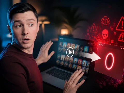 Un homme surpris devant son ordinateur utilisant Madroy streaming face à des alertes de sécurité numériques