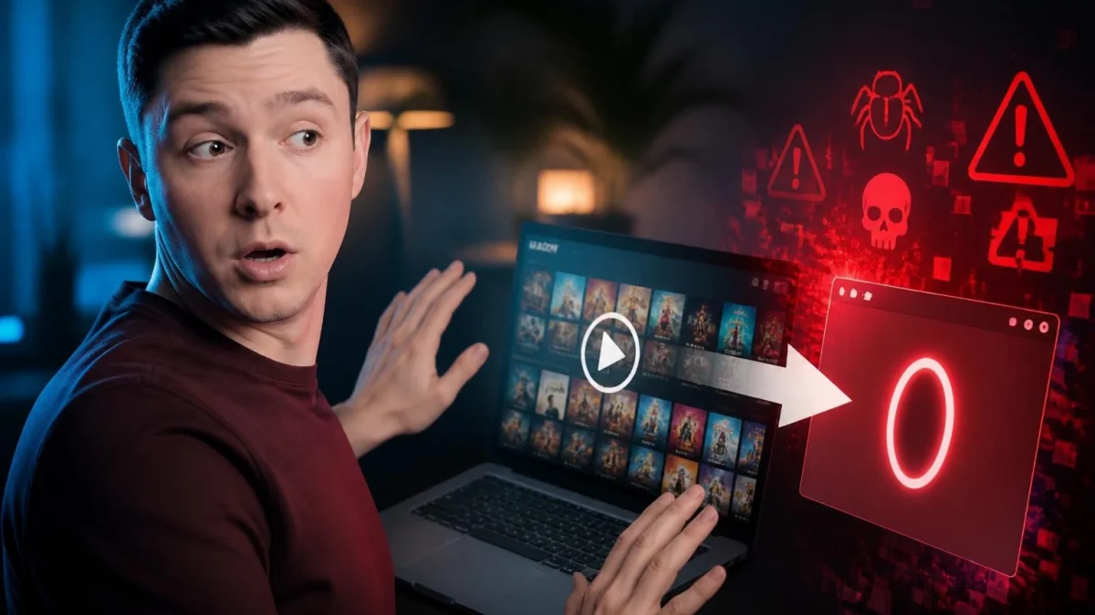 Un homme surpris devant son ordinateur utilisant Madroy streaming face à des alertes de sécurité numériques