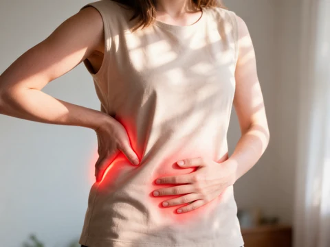 Une femme se tenant le dos et l'abdomen, illustrant un mal au dos et au bas du ventre