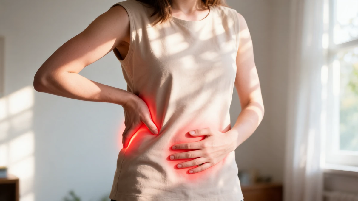 Une femme se tenant le dos et l'abdomen, illustrant un mal au dos et au bas du ventre