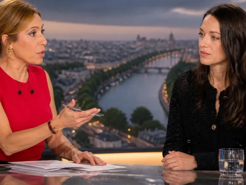 Léa Salamé Marion Cotillard en plein échange lors d'une interview télévisée devant un panorama parisien