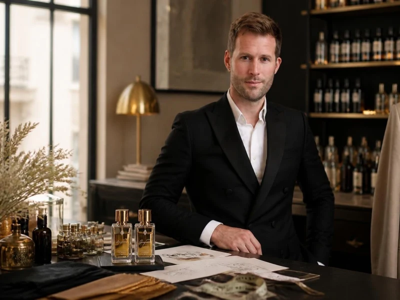 Le créateur Marc-Antoine Barrois pose avec élégance dans sa boutique de parfumerie raffinée