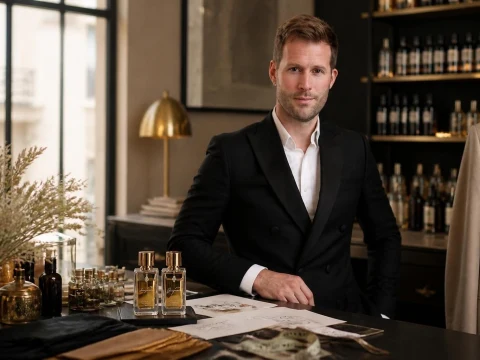 Le créateur Marc-Antoine Barrois pose avec élégance dans sa boutique de parfumerie raffinée