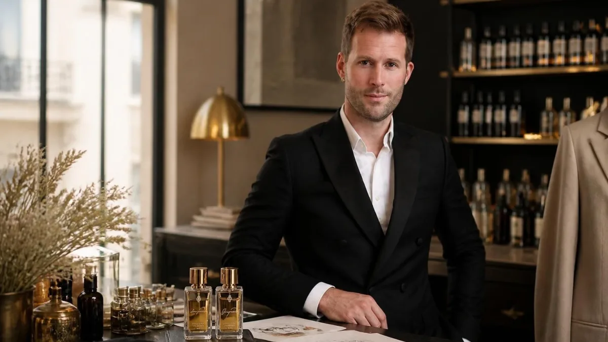 Le créateur Marc-Antoine Barrois pose avec élégance dans sa boutique de parfumerie raffinée