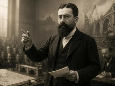 Portrait historique de l'homme politique Marcel Sembat s'exprimant devant une assemblée avec des documents en main