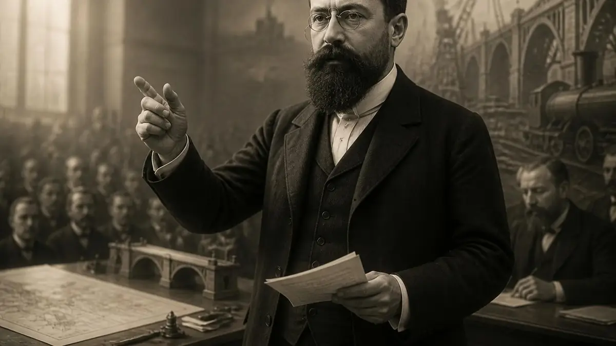 Portrait historique de l'homme politique Marcel Sembat s'exprimant devant une assemblée avec des documents en main