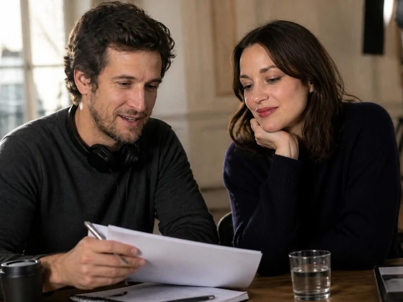 Marion Cotillard couple complice en train de travailler ensemble sur des documents lors d'une séance de travail