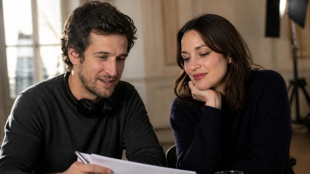 Marion Cotillard couple complice en train de travailler ensemble sur des documents lors d'une séance de travail