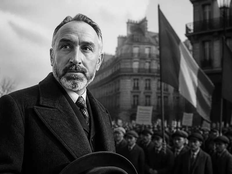 Portrait historique en noir et blanc représentant Marx Dormoy au milieu d'une foule lors d'une manifestation